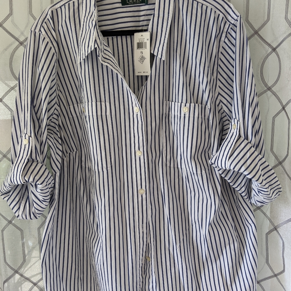 NWT Ralph Lauren 3X Plus Size Striped Roll-Tab Shirt